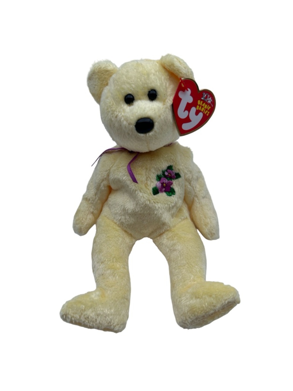 Ty Beanie Babies Mother Bear 2002 Plush Cream Purple Ribbon Flowers